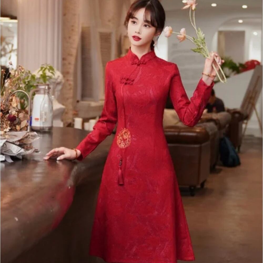 Cheongsam Long Sleeve Chinese Traditional Qipao Dress Sz L
